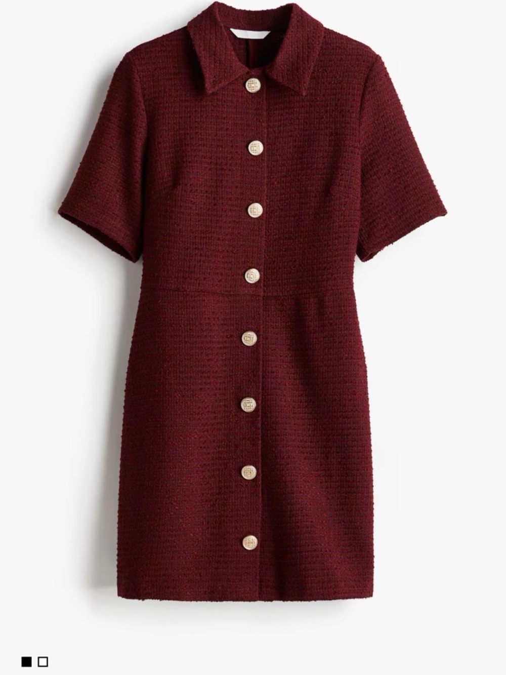 H&M Button-Front Short Sleeve Boucle Dress in Deep Burgundy